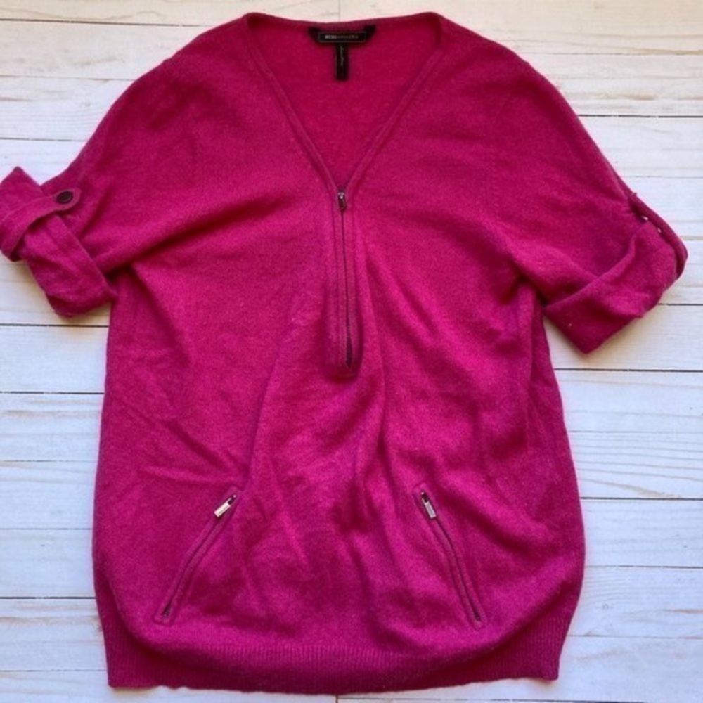 BCBGMaxazria 100% Cashmere Pink Zipper Sweater‎ Top Sz M soft cozy hot pink